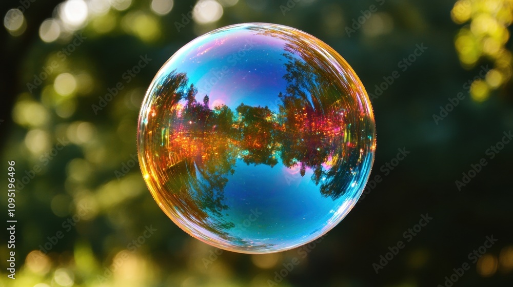 A vibrant and colorful soap bubble reflecting trees and natural surroundings, showcasing a mesmerizing spectrum of iridescent colors in a serene outdoor environment A vibrant and colorful soap bubble reflecting trees and natural surroundings, showcasing a mesmerizing spectrum of iridescent colors in a serene outdoor environment