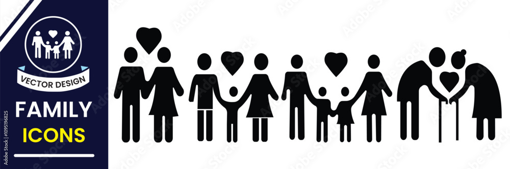 Family icon, vector set. Silhouette of family icon, sign and symbol. Mother, father, children, baby, grandparents and parents icons. Vector illustration. Family icon, vector set. Silhouette of family icon, sign and symbol. Mother, father, children, baby, grandparents and parents icons. Vector illustration.