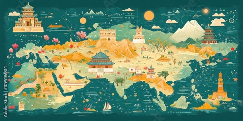 Artistic Map Depicting Ancient Asian Architecture and Landscapes