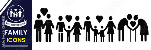 Family icon, vector set. Silhouette of family icon, sign and symbol. Mother, father, children, baby, grandparents and parents icons. Vector illustration.