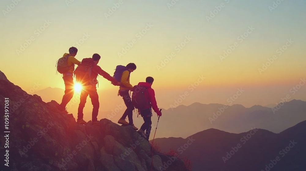 Hikers ascend a mountain ridge at sunrise, silhouetted against the golden sky. Hikers ascend a mountain ridge at sunrise, silhouetted against the golden sky.
