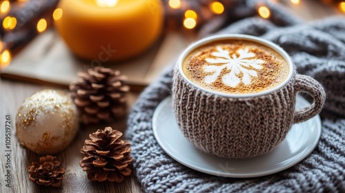 Cozy knitted cup of coffee with latte art surrounded by warm holiday decorations including pine cones, ornaments, and candle on a wooden table