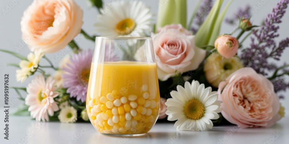 Refreshing corn juice with vibrant floral backdrop. Refreshing corn juice with vibrant floral backdrop.