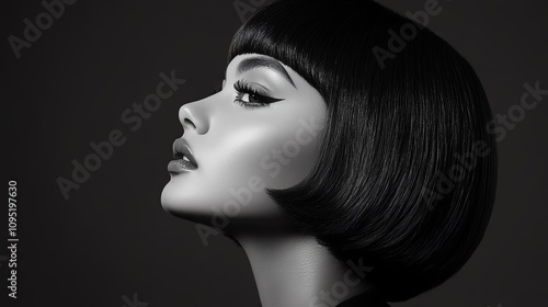 Black and white profile woman with sleek bob futuristic elegance side view photo