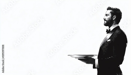 Blackandwhite illustration of a waiter in a tux holding a tray isolate white background