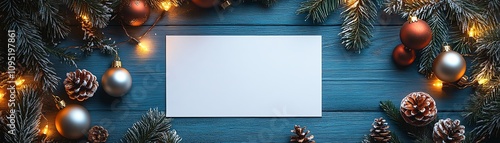 Blank card surrounded by Christmas ornaments and glowing lights on a blue wooden table, cozy and festive mood