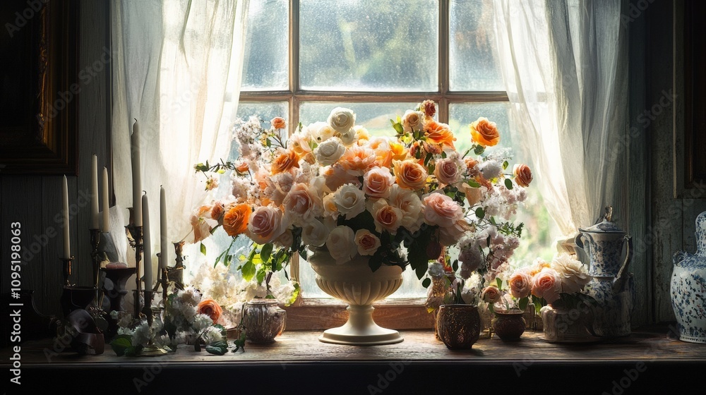 Fototapeta premium A Beautiful Floral Arrangement by the Windowsill with Soft Natural Light
