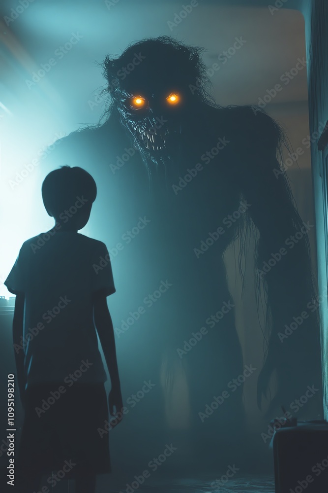 custom made wallpaper toronto digitalBoy facing shadowy creature with glowing eyes, eerie room, dim lighting