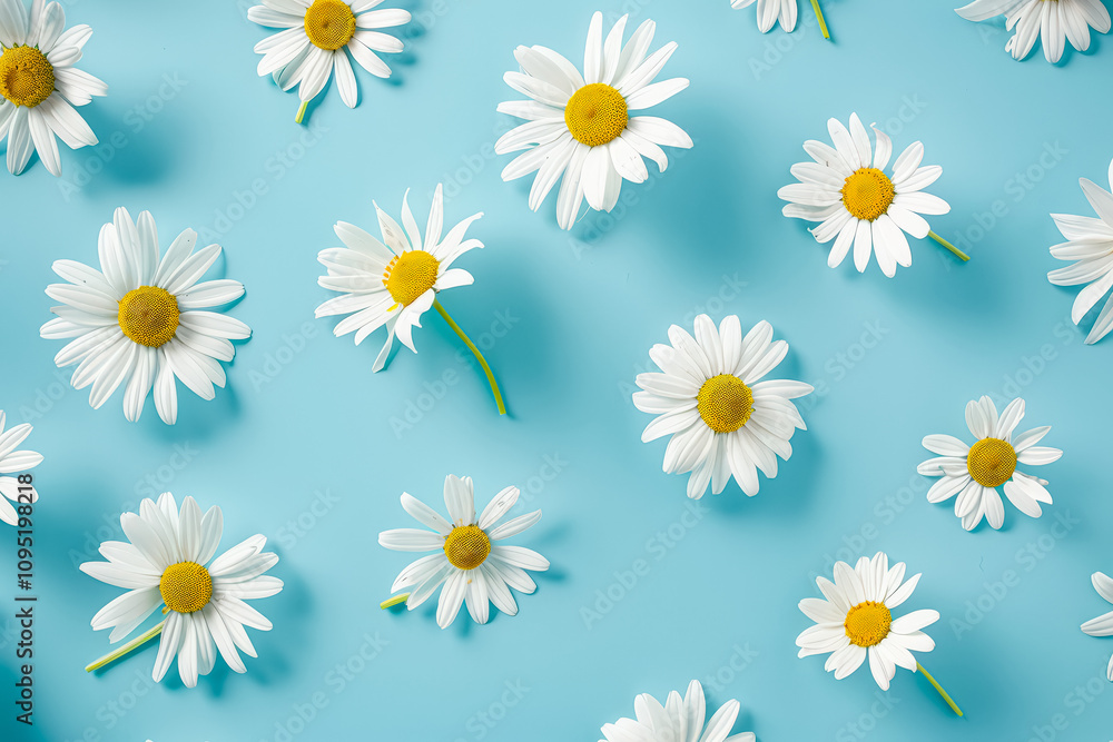Blue background with a bunch of white daisies. The daisies are scattered all over the background, creating a sense of abundance and freshness. The blue background adds a calming Blue background with a bunch of white daisies. The daisies are scattered all over the background, creating a sense of abundance and freshness. The blue background adds a calming