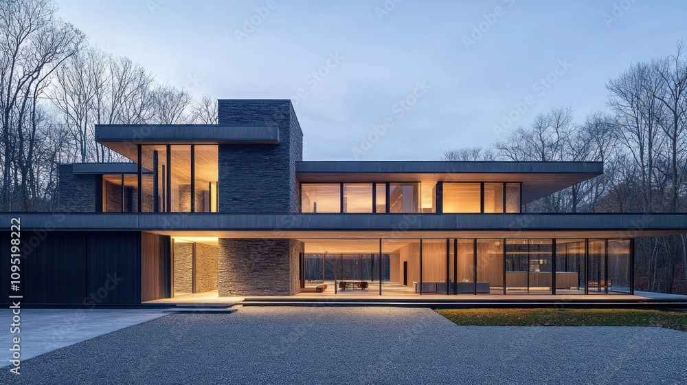 Modern Architectural Marvel: Luxurious Contemporary Home at Dusk Modern Architectural Marvel: Luxurious Contemporary Home at Dusk