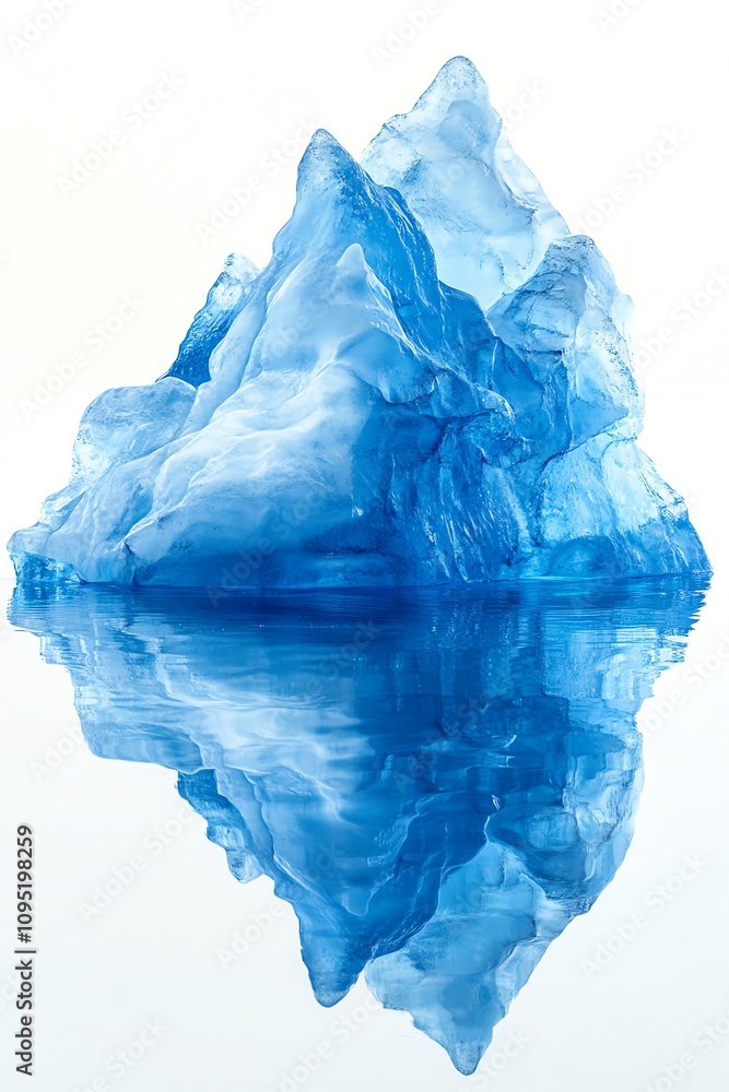 Fototapeta premium Bright blue iceberg with detailed reflection in water isolate white background