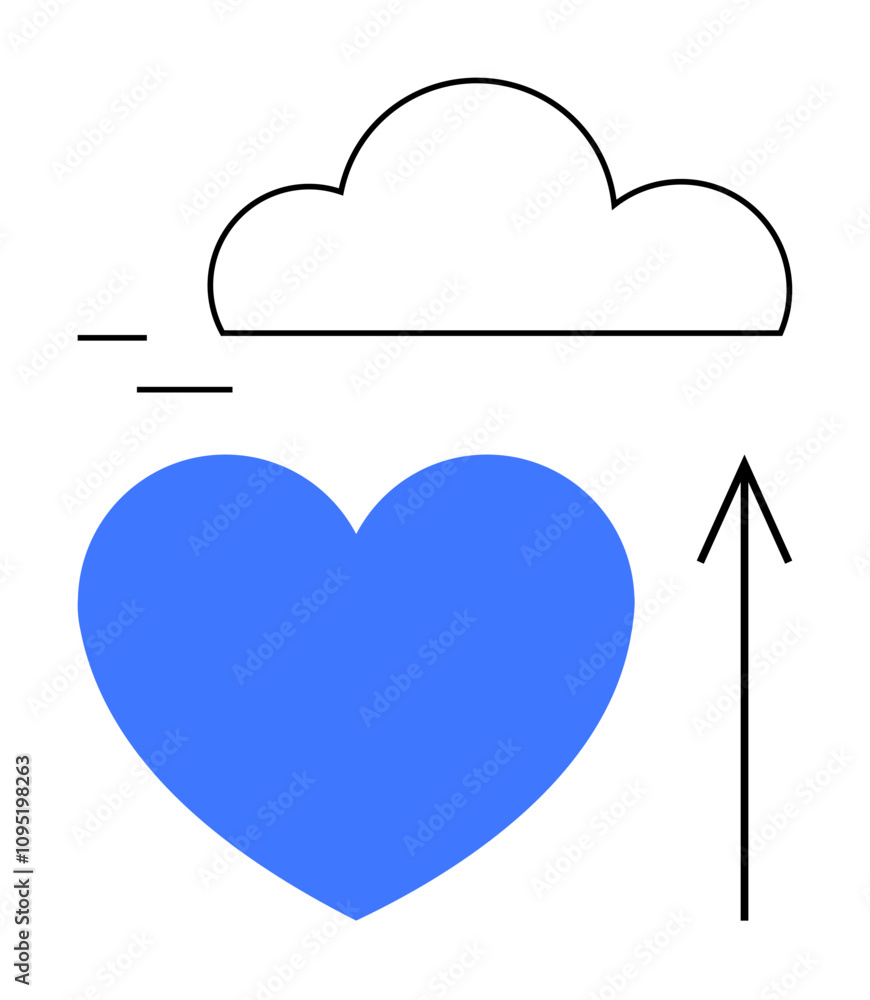 Blue heart with upward arrow and cloud outline. Ideal for love, growth, aspiration, positivity, motivation dreams and health themes. Line metaphor. Line metaphor. Simple line icons Blue heart with upward arrow and cloud outline. Ideal for love, growth, aspiration, positivity, motivation dreams and health themes. Line metaphor. Line metaphor. Simple line icons