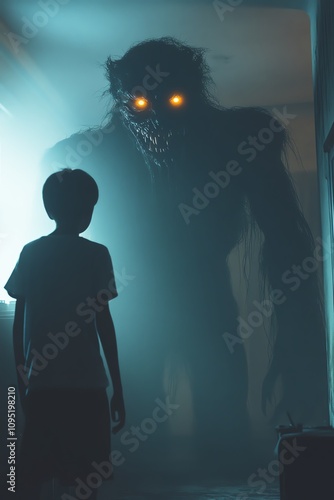 Wallpaper Mural Boy facing shadowy creature with glowing eyes, eerie room, dim lighting Torontodigital.ca