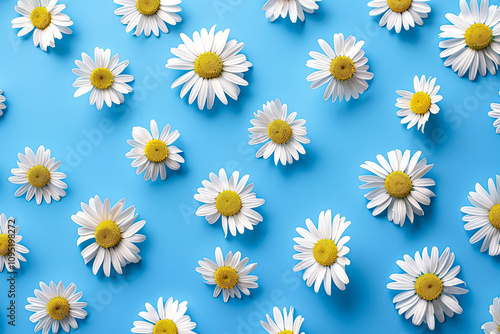 Blue background with a bunch of white daisies. The daisies are scattered all over the background, creating a sense of abundance and freshness. The blue background adds a calming