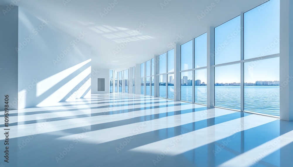 Bright white minimalist room with large windows casting geometric shadows, high key lighting, spacious and clean design Bright white minimalist room with large windows casting geometric shadows, high key lighting, spacious and clean design
