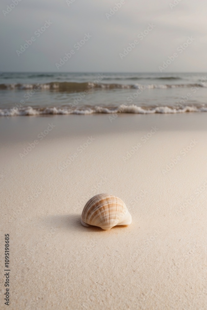 Seashell on sandy beach with gentle ocean waves lapping the shoreline. Seashell on sandy beach with gentle ocean waves lapping the shoreline.