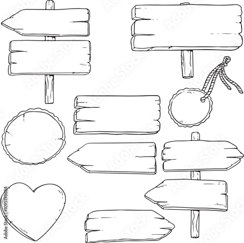 Hand drawn set of direction signs. Sketch in doodle style. Vector wooden signpost. Black line vector set