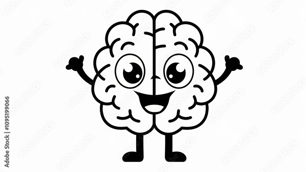 Black and White Vector Illustration of a Cute Brain Cartoon Characte Generative aI Black and White Vector Illustration of a Cute Brain Cartoon Characte Generative aI
