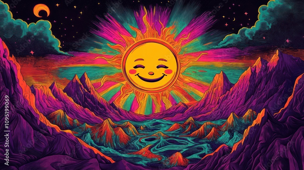 Fototapeta premium Smiling Sun Over Psychedelic Mountains