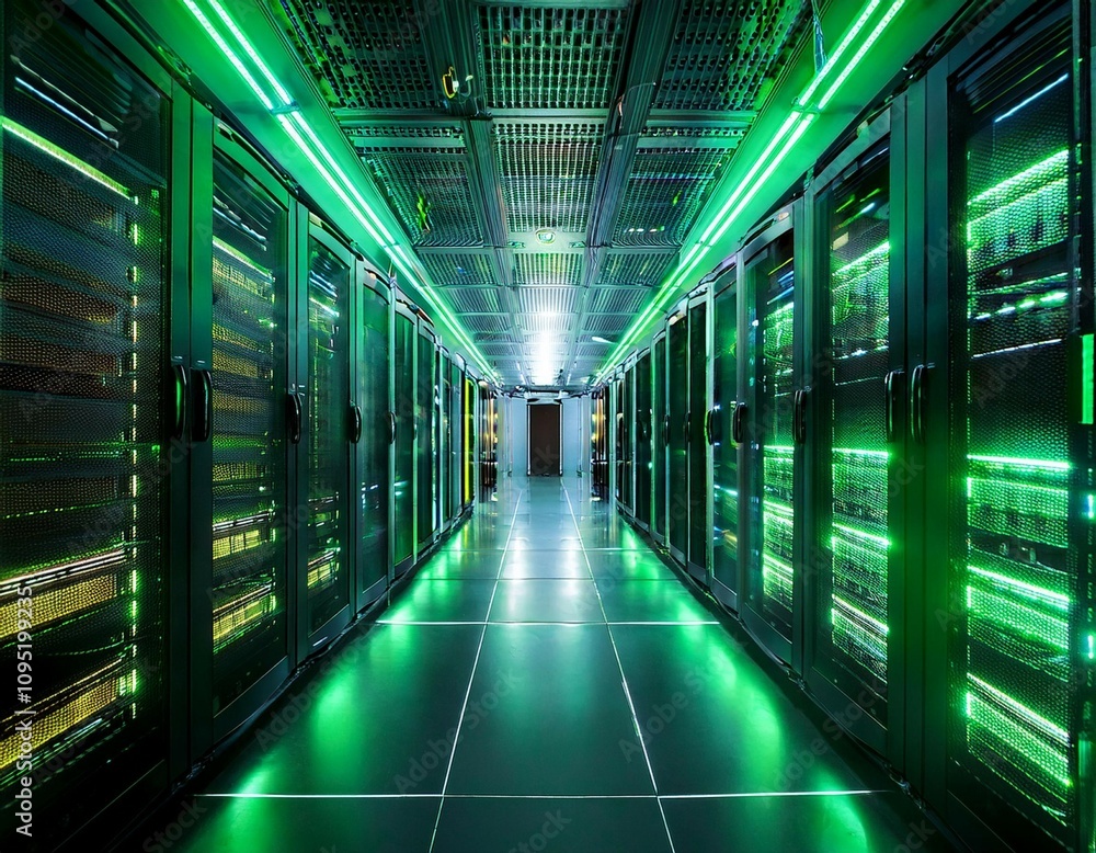futuristic server room with green lights futuristic server room with green lights