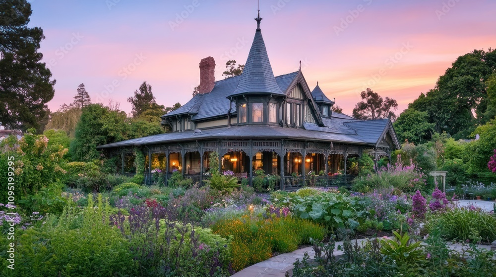 Victorian Mansion at Sunset, Serene Garden Oasis Victorian Mansion at Sunset, Serene Garden Oasis