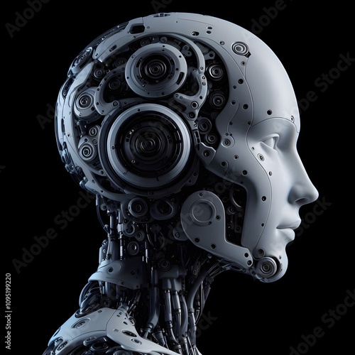 Side profile humanoid robotic head on black background, technology artificial intelligence concept