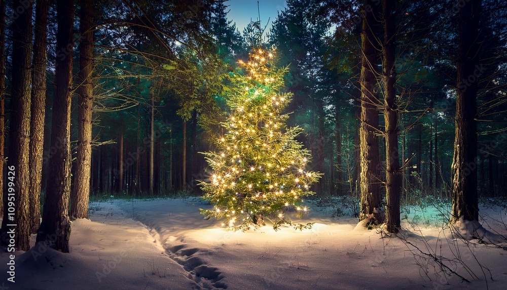 Fototapeta premium glowing christmas tree in the forest