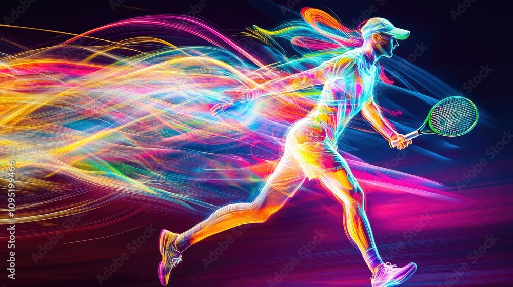 A vibrant, abstract depiction of a tennis player in motion, showcasing energy and movement. A vibrant, abstract depiction of a tennis player in motion, showcasing energy and movement.