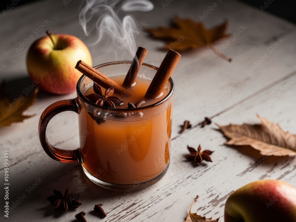 Close up of aromatic apple cider in a glass mug with spices on a rustic wooden table surface. Close up of aromatic apple cider in a glass mug with spices on a rustic wooden table surface.