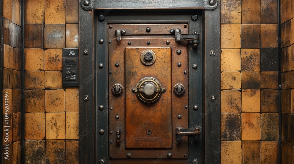 Fototapeta premium A rustic, vintage-style bank vault door with a detailed design and weathered finish, surrounded by an array of old, patterned tiles