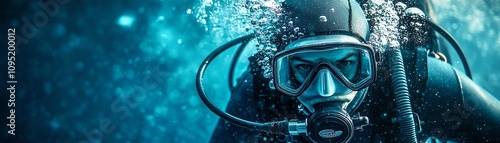 Closeup of a scuba diver underwater, bubbles rising around, vibrant deep ocean blue isolated white background