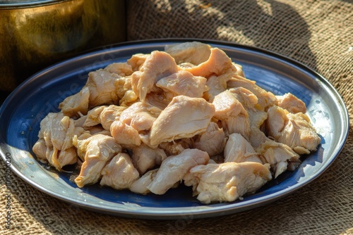 Canned Chicken: Preserved Poultry Meat in Large Can on Blue Plate