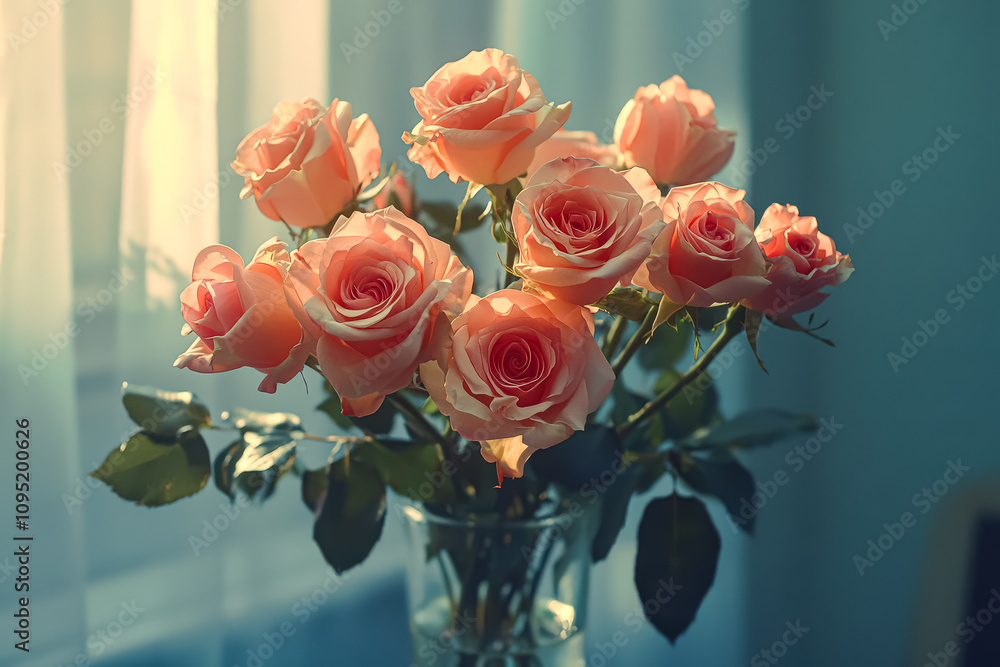 Vase of red roses sits on a table. The roses are arranged in a way that they are all facing the same direction, creating a sense of unity and harmony. The vase itself is green and has a simple Vase of red roses sits on a table. The roses are arranged in a way that they are all facing the same direction, creating a sense of unity and harmony. The vase itself is green and has a simple