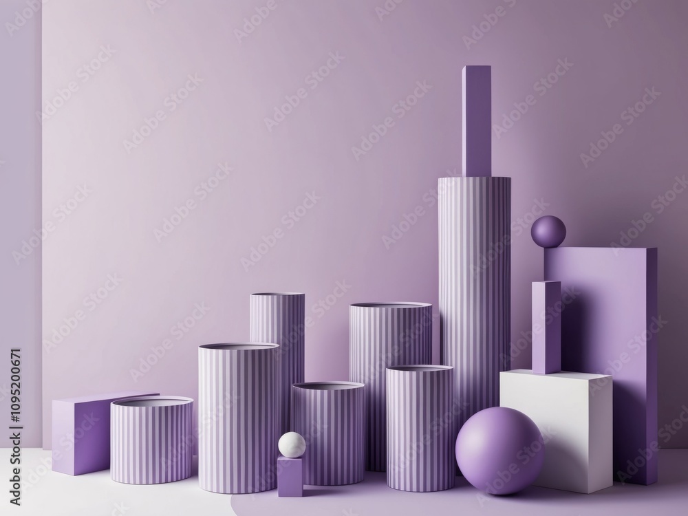 minimal purple background with geometric shapes striped cylinders block spheres. minimal purple background with geometric shapes striped cylinders block spheres.