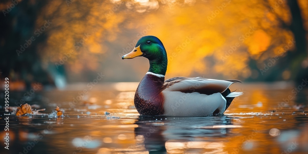 A vibrant mallard duck gracefully floats on a serene water surface surrounded by the golden hues of autumn leaves in a tranquil natural setting