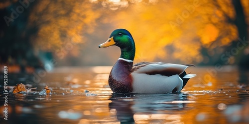 Obraz na płótnie A vibrant mallard duck gracefully floats on a serene water surface surrounded by the golden hues of autumn leaves in a tranquil natural setting w salonie