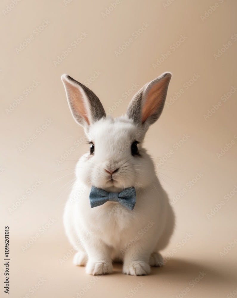 Cute rabbit wearing blue bow tie on beige background. Cute rabbit wearing blue bow tie on beige background.