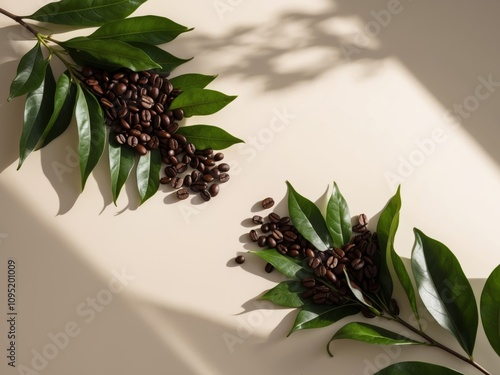 Coffee beans and green leaves arranged aesthetically on a neutral background. photo