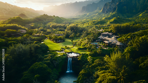 Luxury Resort Waterfall Aerial View: Lush Green Valley, Hiking Trail, Cinematic Landscape photo