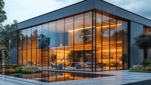 Modern Glass House at Dusk: Architectural Marvel