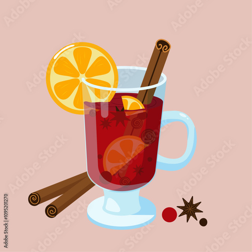 Christmas mulled wine with cinnamon, anise, orange, in glass cup in flat on pink background for posters, banners, icons 
