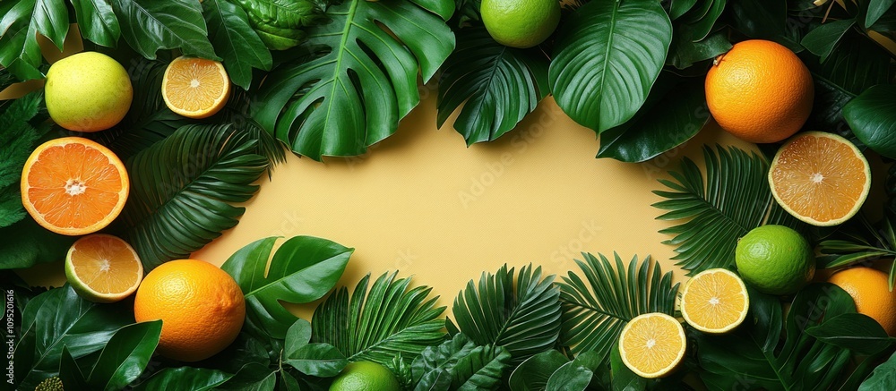 Tropical Citrus Paradise: A Vibrant Frame of Oranges, Limes, Lemons, and Lush Green Foliage Tropical Citrus Paradise: A Vibrant Frame of Oranges, Limes, Lemons, and Lush Green Foliage