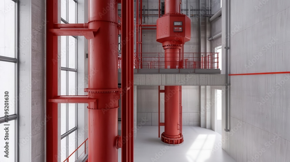 Obraz premium A modern industrial interior showcasing red pipes and concrete walls.
