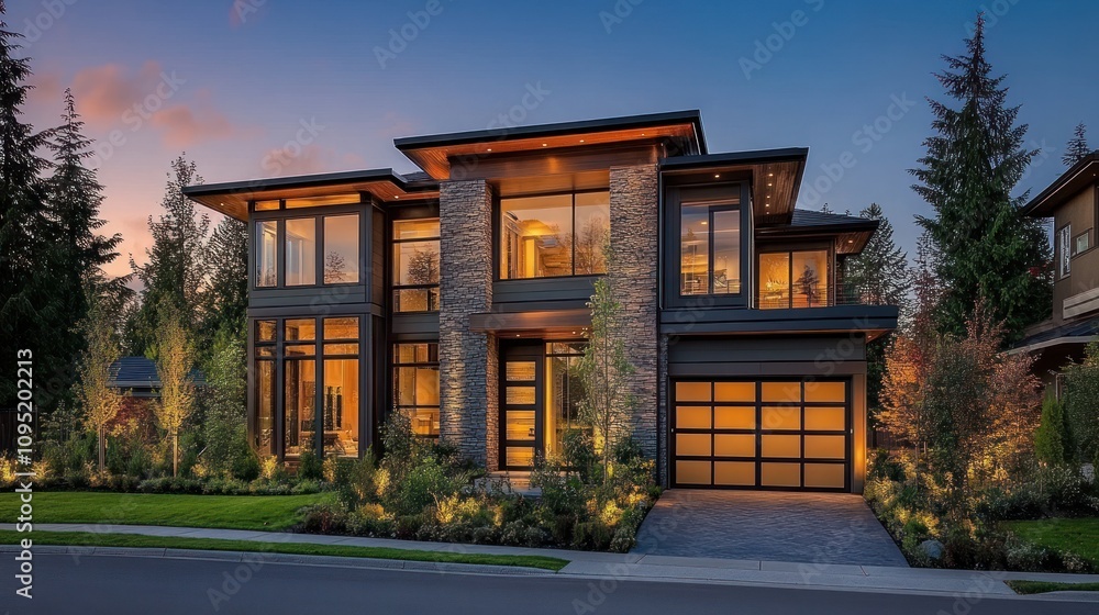 Modern Luxury Home at Dusk: Architectural Masterpiece Modern Luxury Home at Dusk: Architectural Masterpiece