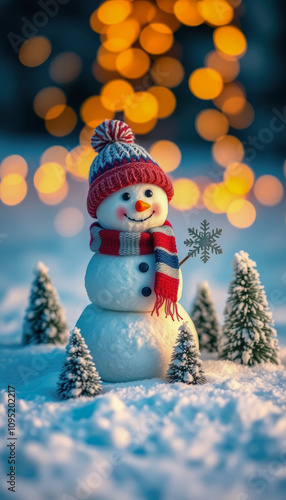 Joyful Snowman in a Snowy Winter Wonderland with Bokeh Lights . Christmas Card Template