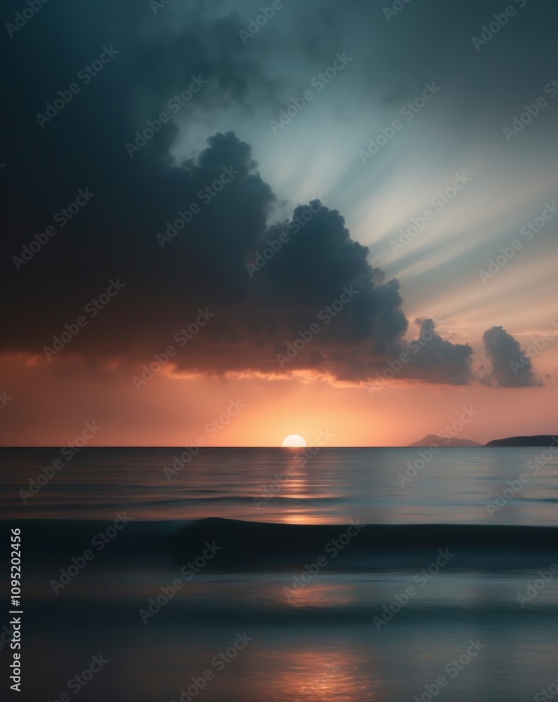 Stunning sunset over the sea rays of light through dark clouds and island view in the distance. Stunning sunset over the sea rays of light through dark clouds and island view in the distance.