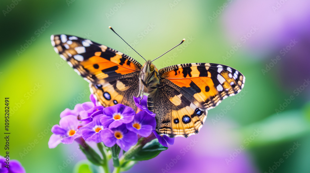 A vibrant butterfly perched on purple flowers, showcasing nature's beauty. A vibrant butterfly perched on purple flowers, showcasing nature's beauty.