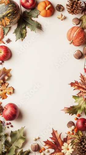 A top down composition of dry fruits, leaves, apples and pumpkins with empty space in the middle. photo