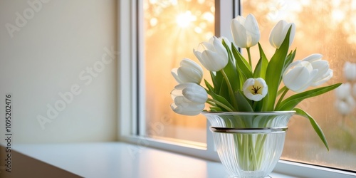 A serene display of white tulips in a vase on a windowsill illuminated by soft morning light. photo