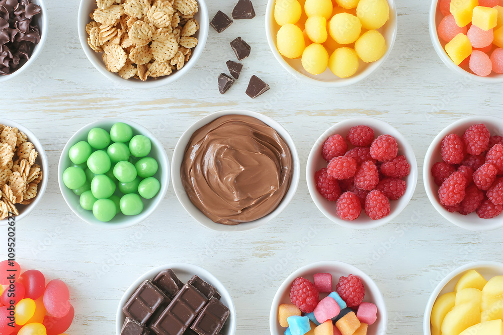 Assorted candies, chocolates, and fruits arranged in bowls on a white wooden background, ideal for party snacks, dessert toppings, or baking. Assorted candies, chocolates, and fruits arranged in bowls on a white wooden background, ideal for party snacks, dessert toppings, or baking.